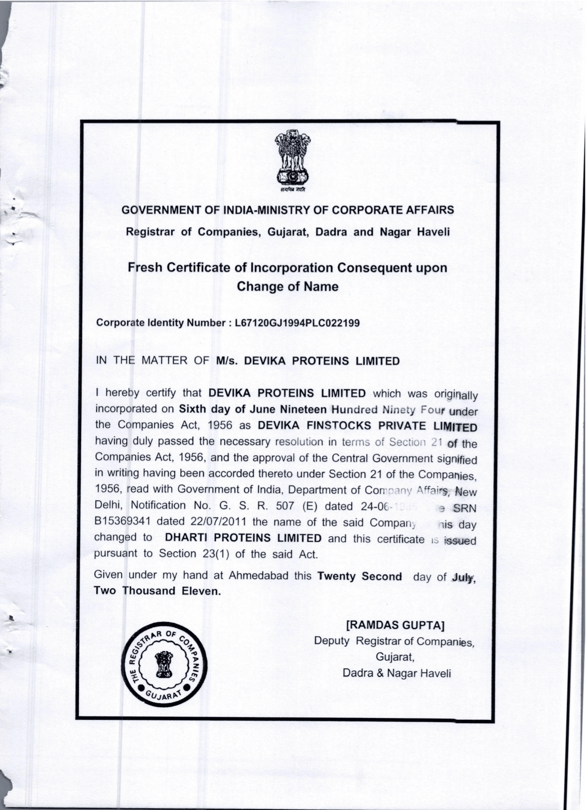 Certificate of Incorporation first page preview