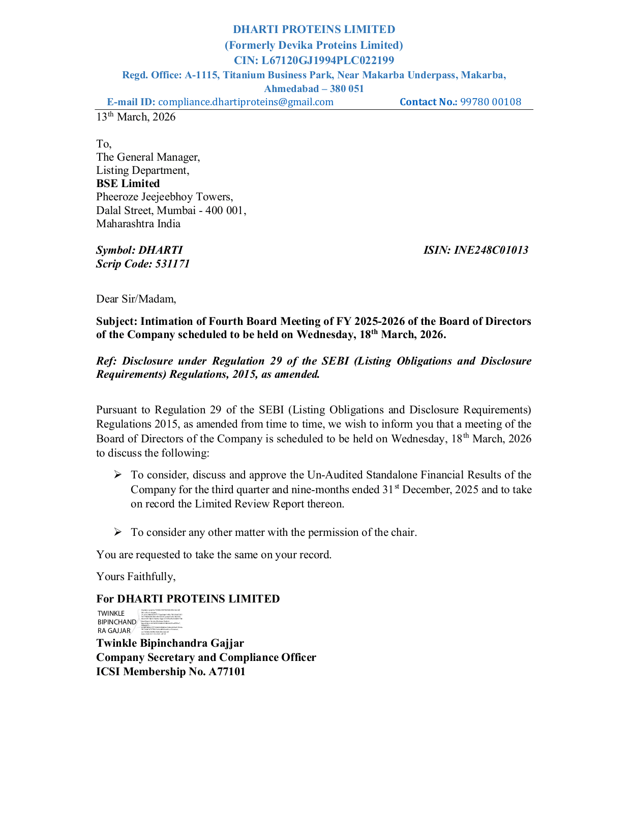 Intimation of Board Meeting 18.03.2026 first page preview