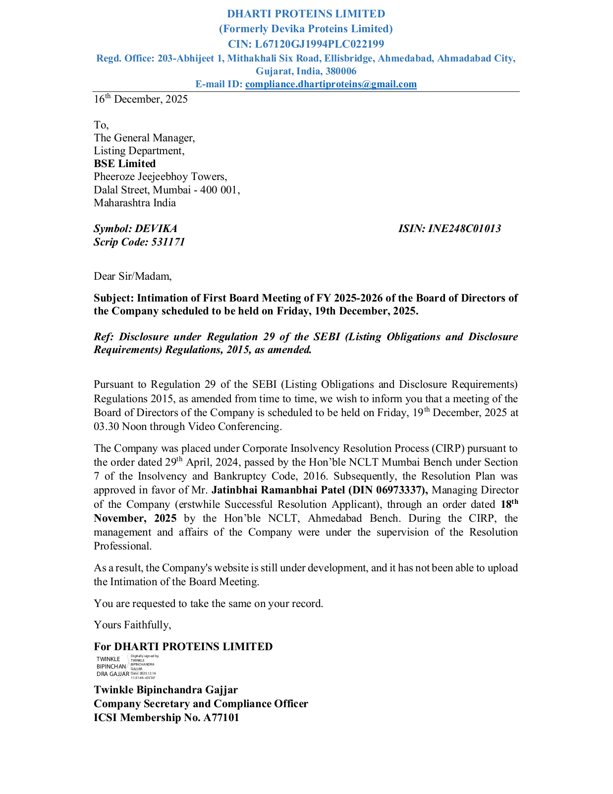 Intimation of Board Meeting 19.12.2025 first page preview