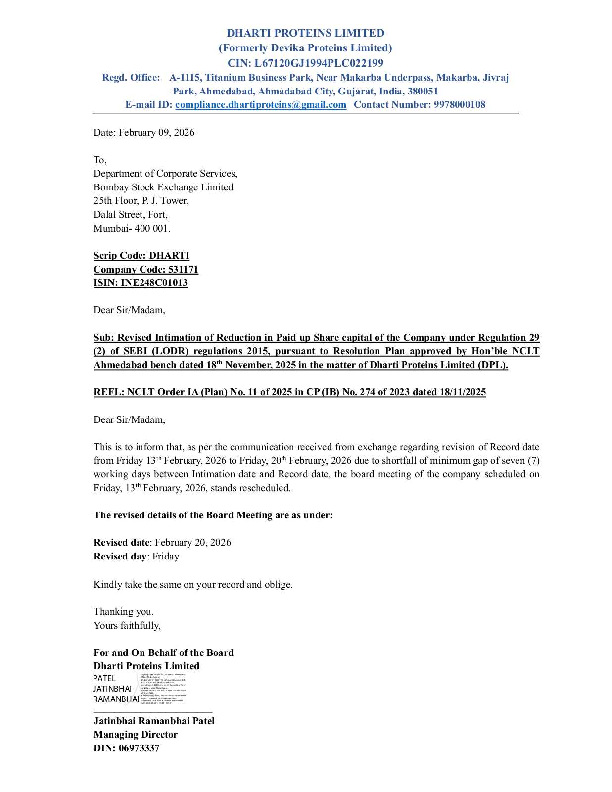 Intimation of Board Meeting 20.02.2026 first page preview